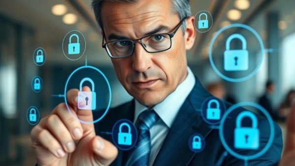 Digital security icons with businessman to protect your business this holiday season.