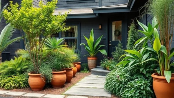 Sustainable home design with lush garden and terracotta pots.