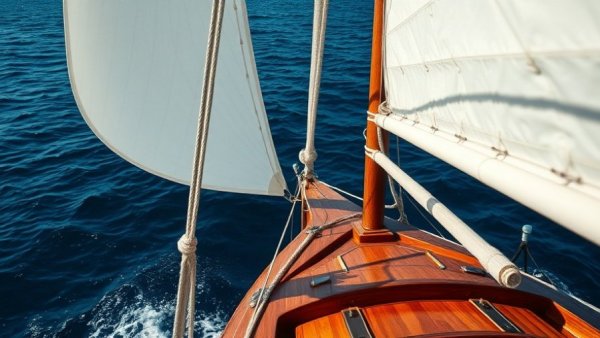 Wooden sailing boat with white sails on calm sea.