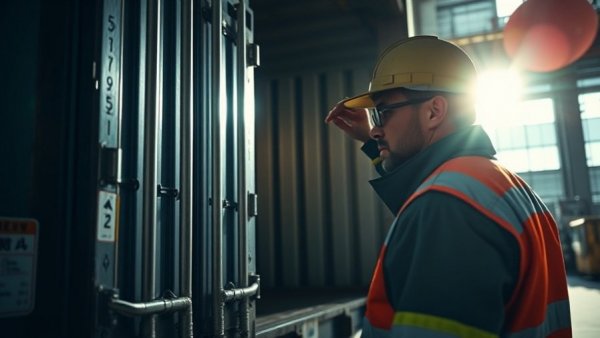 Worker inspects locked cargo truck, highlighting digital vulnerabilities.