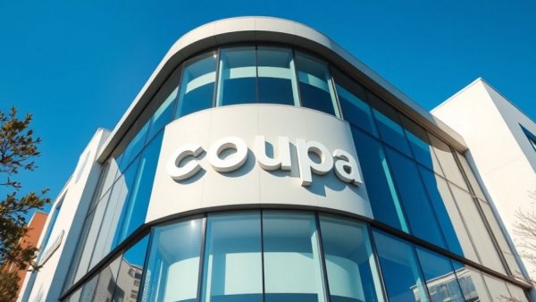 Building with Coupa logo, clear sky, Coupa Card for Spend Management.