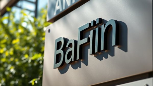 BaFin logo on a building sign with greenery background