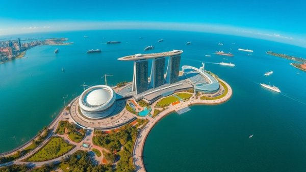 Aerial view showcasing sustainable urban innovation in Singapore with futuristic architecture and lush greenery by the waterfront at Marina Bay.