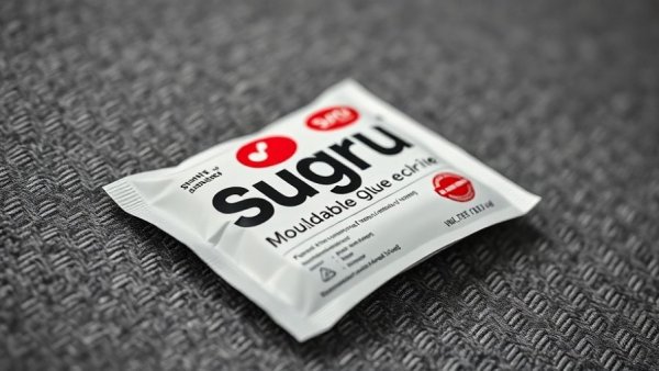 Sugru mouldable glue review package on grey fabric surface.