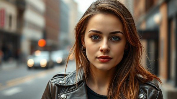 Close-up of a young woman in leather jacket, urban background.