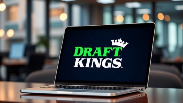 DraftKings logo on laptop, digital display, blurred office background.