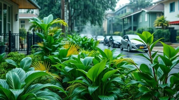 Sustainable home design: thriving garden in heavy rain.