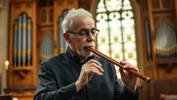 Free classical music concert with flutist on stage, wooden organ background.