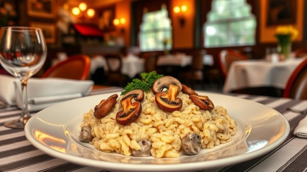 European cuisine featuring creamy mushroom risotto in a cozy setting.