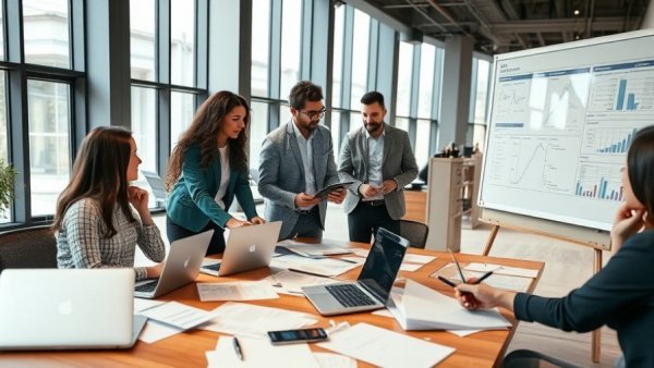 Team discussing a winning social media strategy in a modern office.