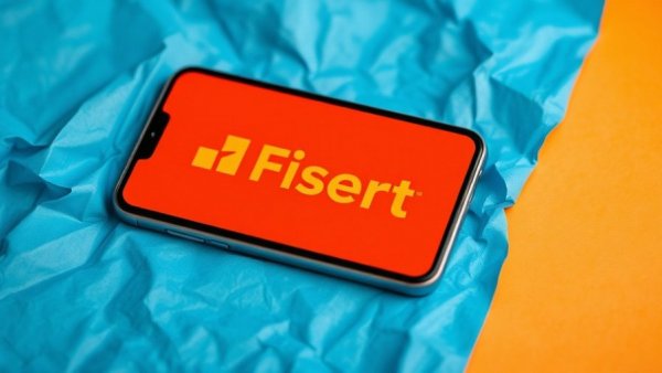 Smartphone with Fiserv logo on blue crumpled paper background.