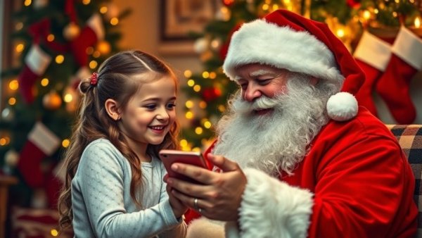 Santa Claus with a child in a festive setting during A Night with Santa Raleigh.