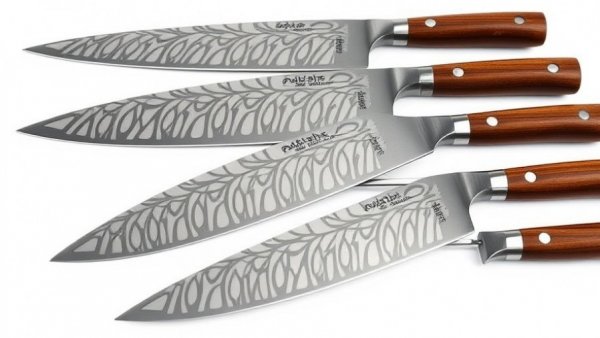Japanese chef knives under $130 with patterned blades and wooden handles.