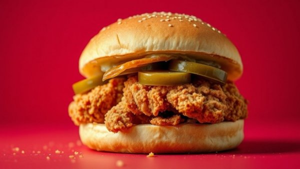 Crispy chicken sandwich on vibrant red background, free chicken sandwiches giveaway at UNC.