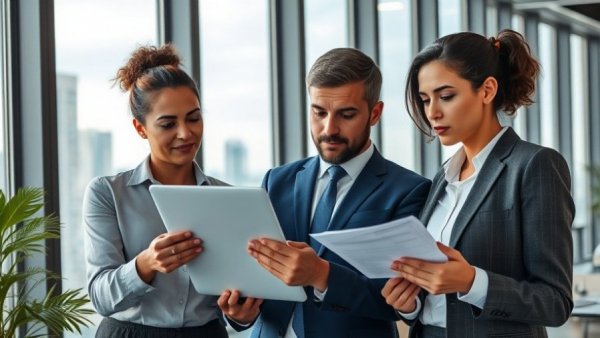 Professional team discussing pre-employment screening in modern office environment.