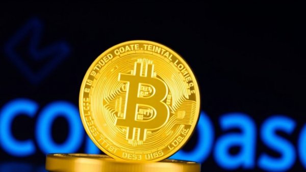 Golden Bitcoin coin with Coinbase logo in background, symbolizing Coinbase Token Sales.