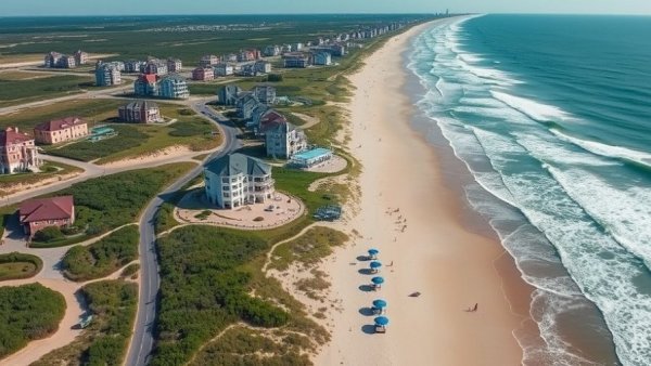 Northern Outer Banks attractions: aerial view of beachfront with homes and ocean.
