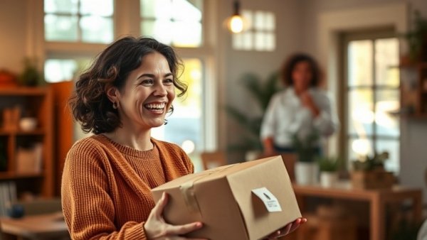 Cheerful woman receiving packages during Amazon Business Biggest Sale.
