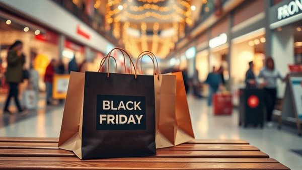 Black Friday shopping bags on a bench in a blurred mall setting, showcasing strategies for small businesses.