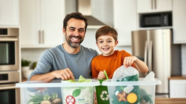 Father and son celebrating America Recycles Month 2025 by recycling in the kitchen.