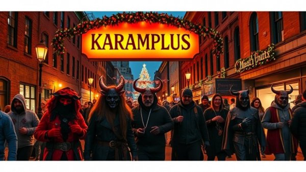 Participants in Durham's Krampus Walk in festive costumes under a lit sign.