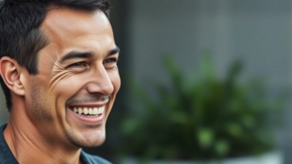 Smiling man in a suit during conversation outdoors