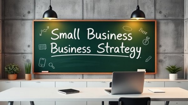 Small business strategy chalkboard in office setting.