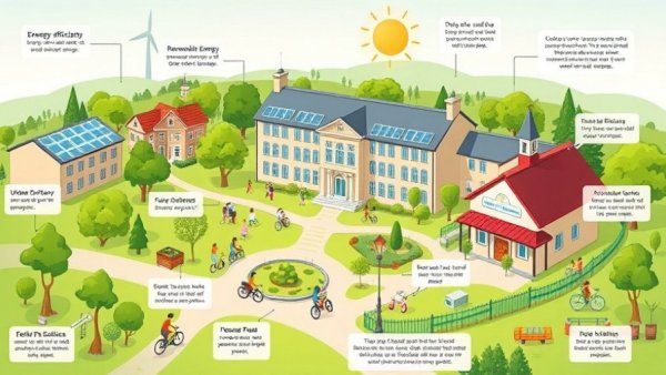 Illustration of sustainable campus design with eco-friendly features.