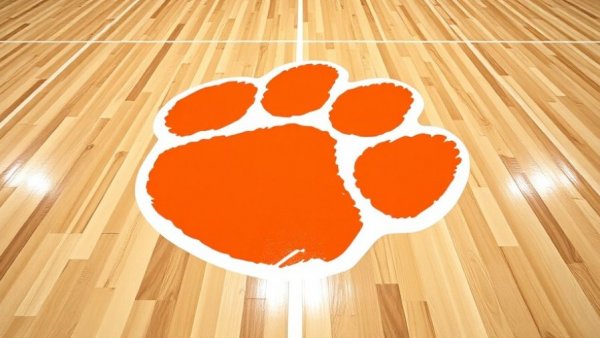 Clemson Tigers logo on wooden basketball court, bright paw print.
