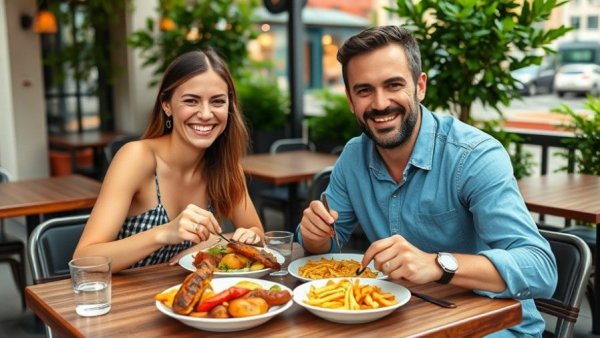 Couple enjoying casual Thanksgiving dinner to-go in the Triangle, dining outdoors.