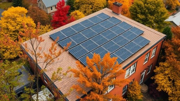 Aerial view of collaborative charity solar project on rooftops.