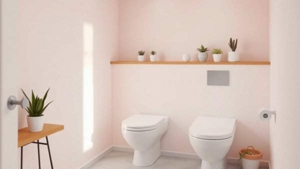 Eco-friendly bathroom with white toilet and plants on a pink wall.