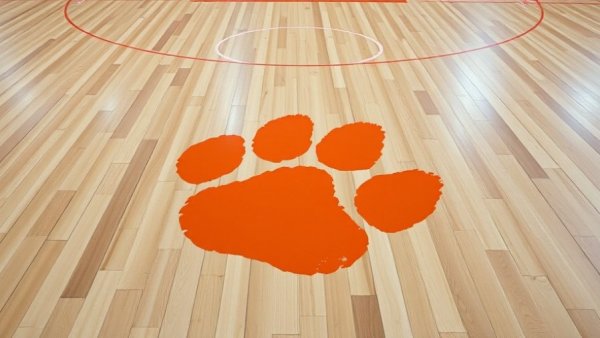 Clemson Women's Basketball orange paw print on court surface