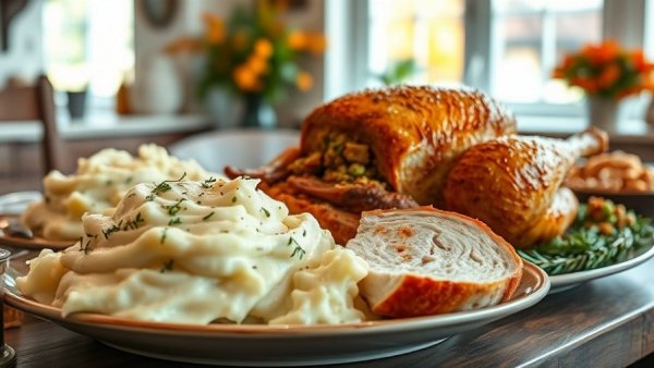 Delicious Thanksgiving recipes: mashed potatoes, turkey, and stuffing.