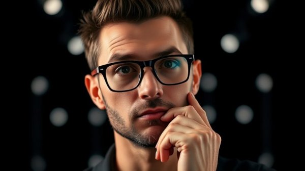 Confident man wearing stylish glasses, thoughtful pose, studio shot
