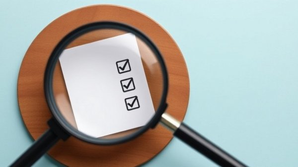 Magnifying glass over checklist icons and check marks for Small Business Saturday checklist.