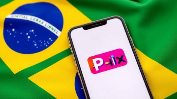 Smartphone with Pix app on Brazilian flag representing Brazil real-time payments