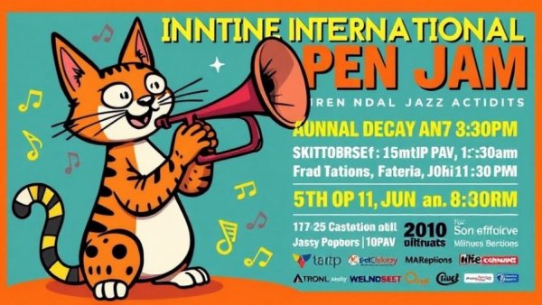 International Jazz Open Jam colorful poster with dates and trumpet cat.
