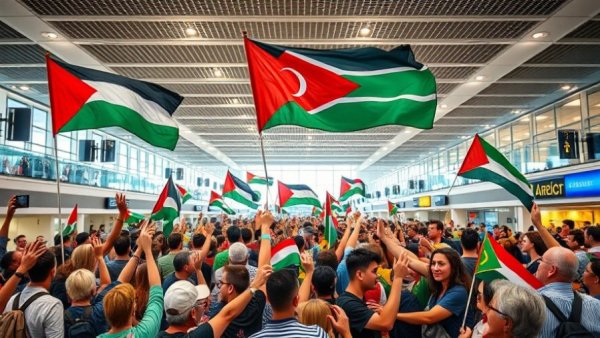 Crowd at South Africa airport waving Palestinian and South African flags