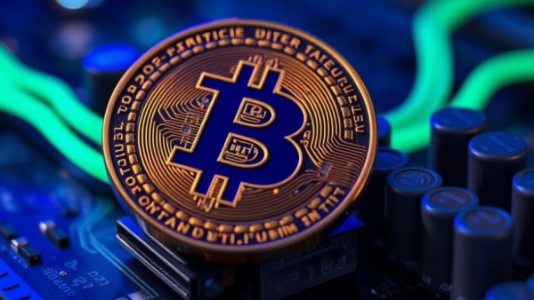 Close-up of a Bitcoin coin glowing on a motherboard with neon lights.