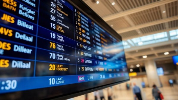 Airport flight information board showing delayed and canceled flights.