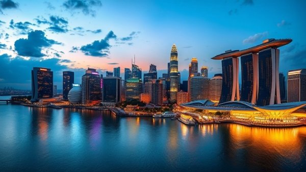 Singapore skyline at twilight highlighting scammers in Singapore concerns.