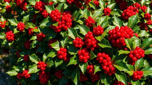 Vibrant holly bush with red berries, inspiration for sustainable home design.