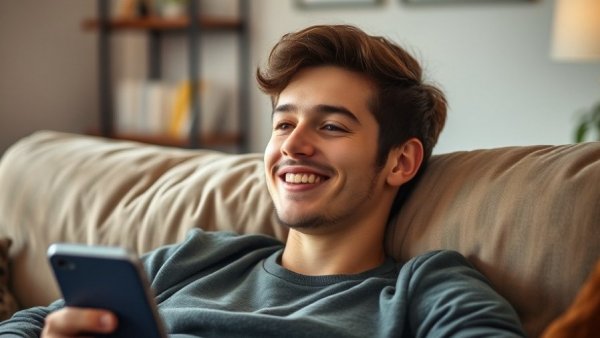 Young man enjoying Audible membership deal with headphones on a couch.