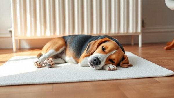 Cozy beagle resting by radiator, illustrating comfort and warmth.
