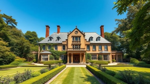 Luxury manor with eco-friendly gardening in expansive gardens.