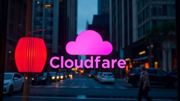 Cloudflare logo on window reflecting colorful lamps, representing outage impact.