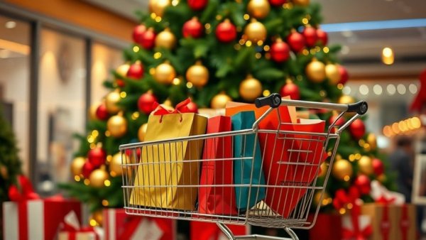 Shopping cart in front of Christmas tree, Holiday Success Tips for Small Businesses.