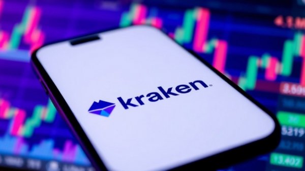 Smartphone with Kraken logo over cryptocurrency charts, showcasing fintech trends.