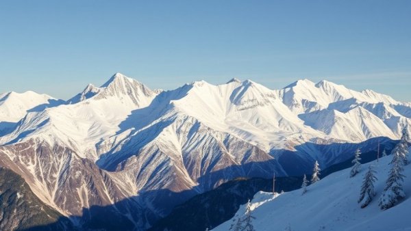 Majestic snowy mountains under clear sky, sustainable tourism.